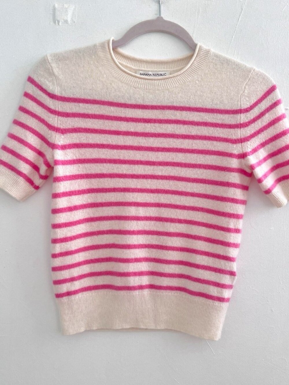 NEW Banana Republic 100% Cashmere Short Sleeve Sweater SMALL Striped PINK Cream - Picture 3 of 8